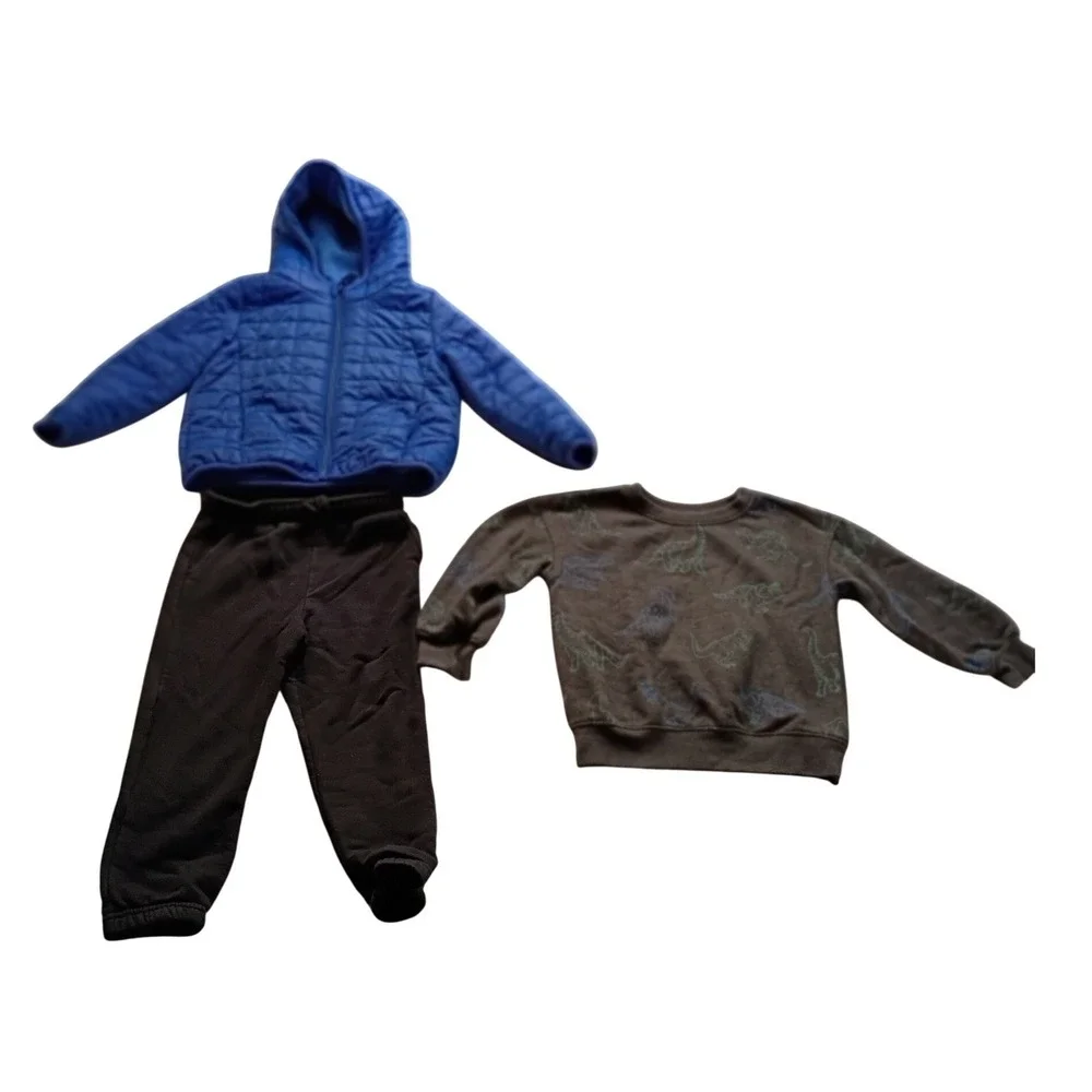 Cat & Jack Toddler Boys 3T Blue Puffer Jacket Dinosaur Sweatshirt Black Pants